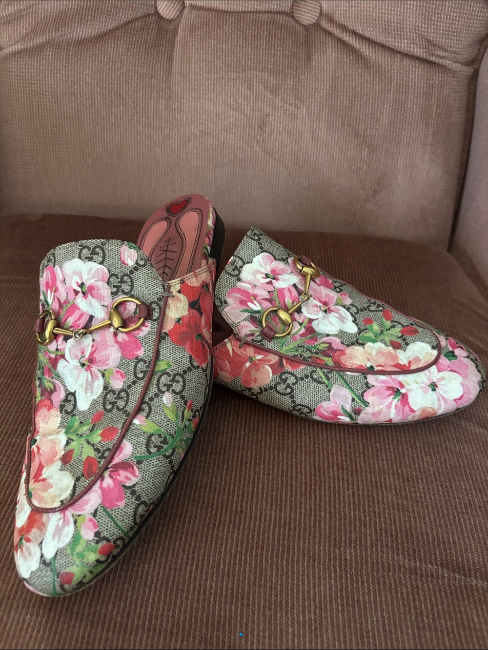 Gucci Blooms Horsebit Princetown Mules GG Floral Canvas Leather Slip On Pink Tan - Picture 13 of 17